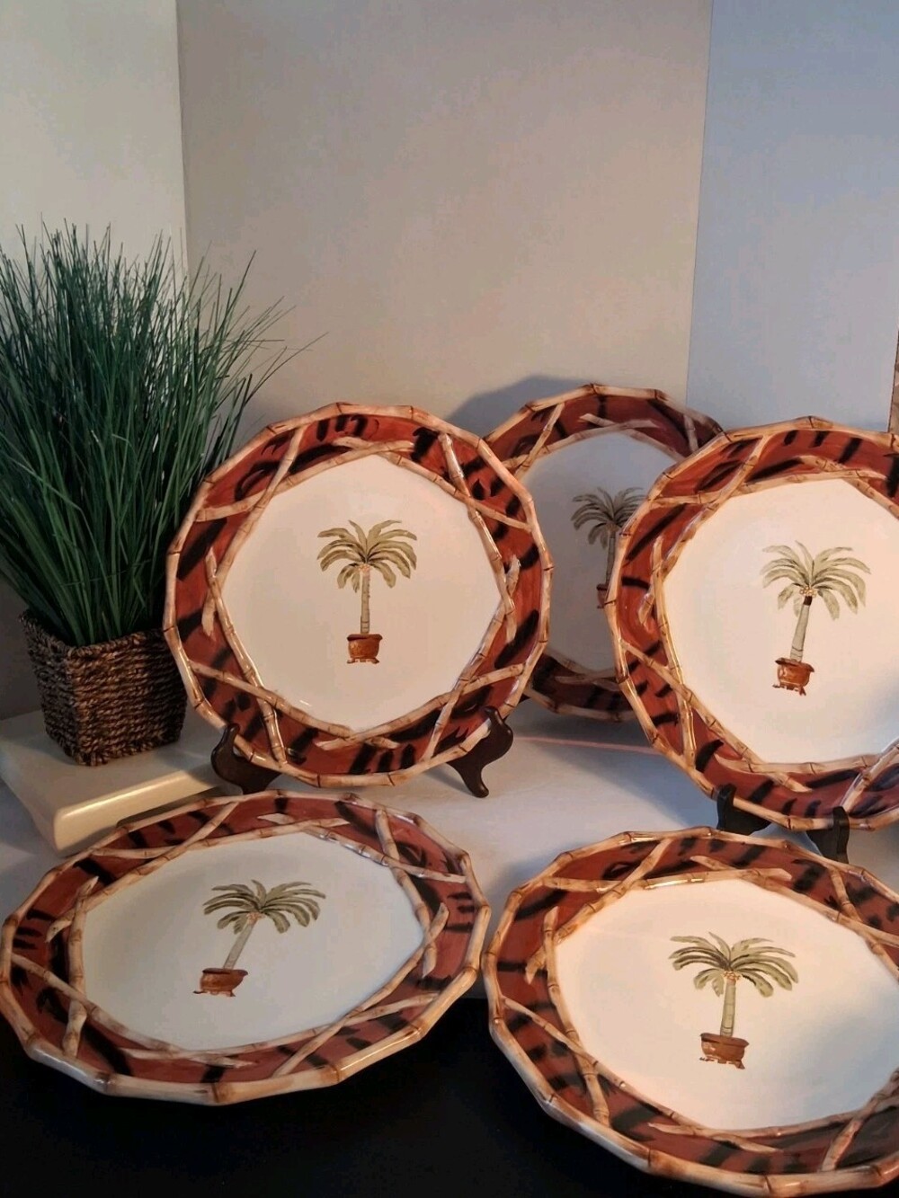 Capriware Bamboo Palm Tree Dinner Plates Set of 5 Ceramic Tropical Style